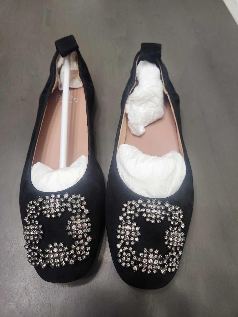 Paolo Black Suede Flats with Crystal Medallions